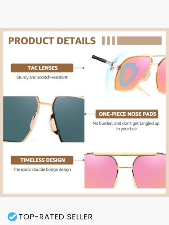 Oversized Aviator Sunglasses Square Metal Frame Polarized UV Protection main image 5